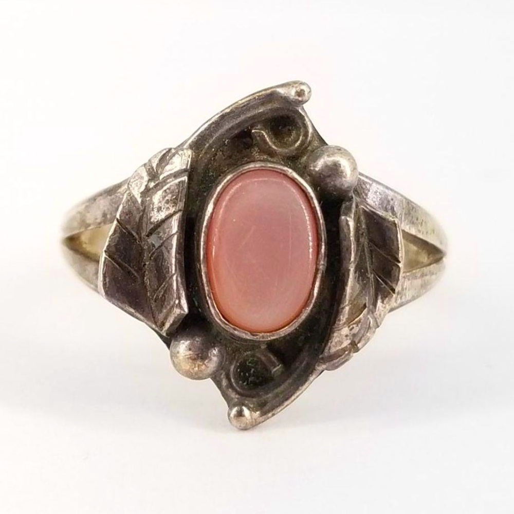 Vintage Navajo Sterling Silver Pink Mother of Pearl Shell Leaf Ring 5 / 2.7g - Picture 2 of 8